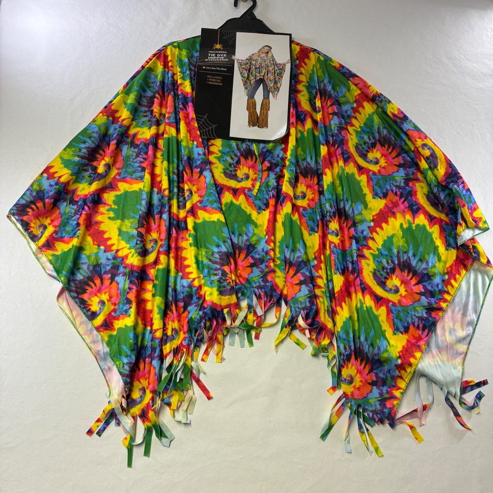 512 Retro Hippie Halloween Tie Dye Poncho One Size Multicolor Fringe Costume